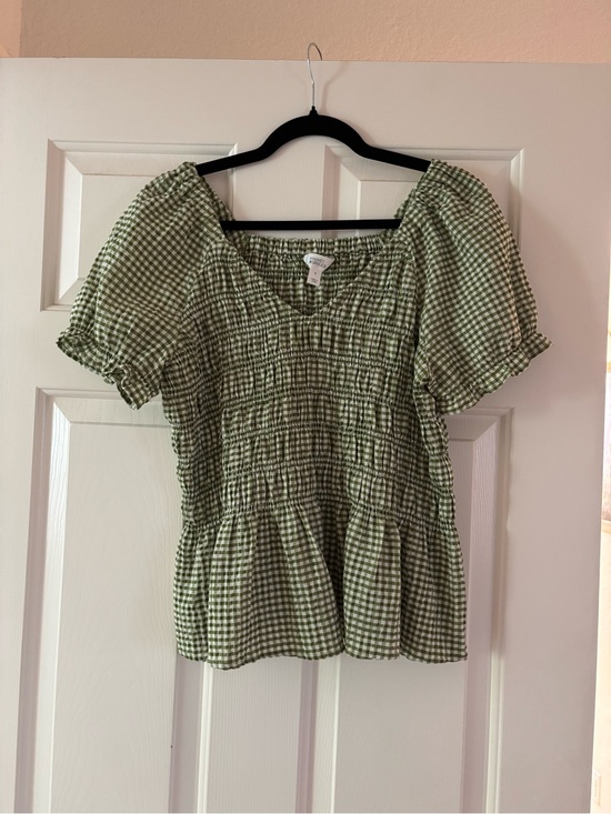 Market & Spruce Tops - Market & Spruce Green Gingham Smocked Peplum Top